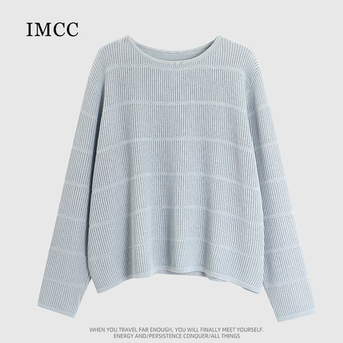 IMCC设计感小众简约百搭温柔圆领针织衫女秋宽松显瘦镂空长袖上衣