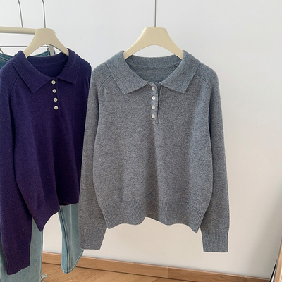 灰色翻领羊毛针织衫毛衣女外套