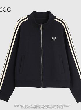 IMCC设计感复古蝴蝶结刺绣棒球服立领拉链外套女宽松休闲运动夹克