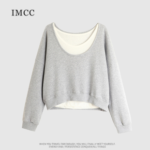 IMCC设计感小众韩系两件套斜肩露肩卫衣女宽松百搭显瘦上衣外套