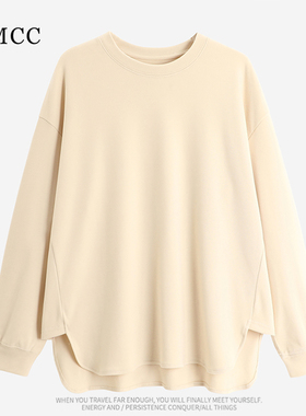 IMCC设计感小众纯色大版磨毛圆领T恤女秋宽松加厚保暖上衣打底衫
