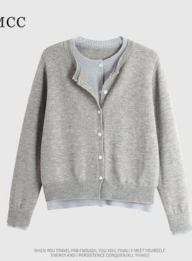 IMCC设计感小众韩系拼色假两件毛衣开衫女秋宽松百搭软糯上衣外套