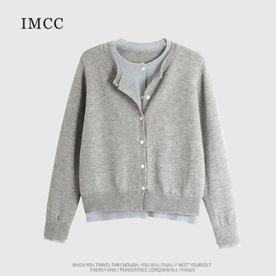 假两件针织衫单排扣圆领开衫