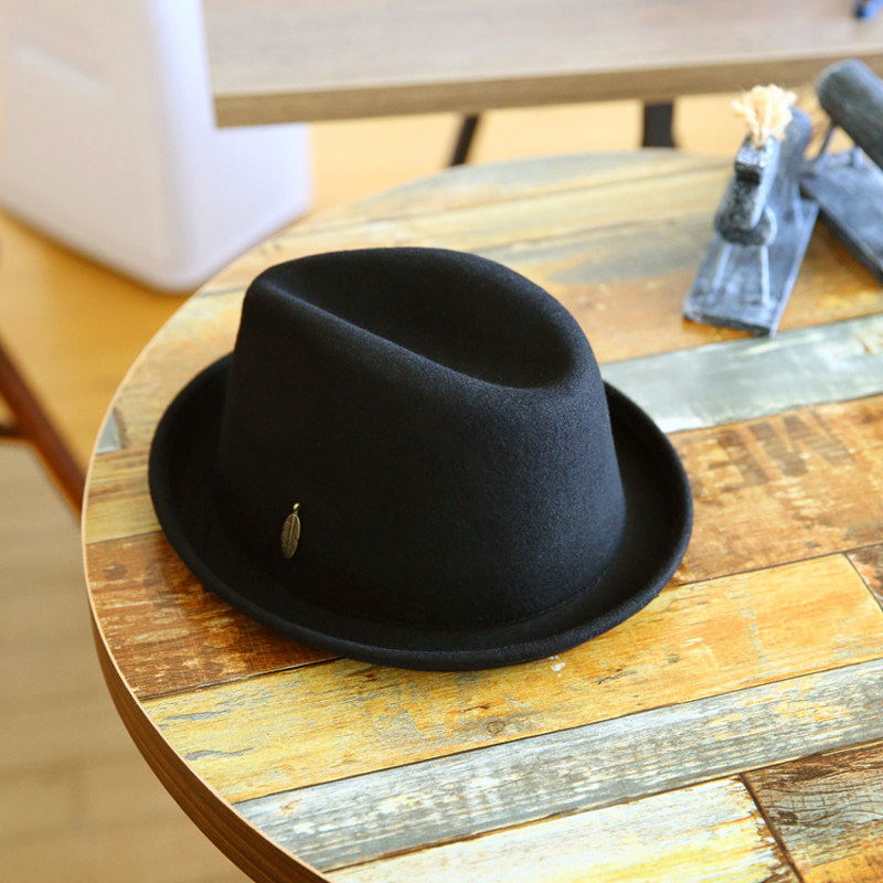 韩国帽子女秋冬天英伦卷边复古男士爵士帽羊毛呢百搭小礼帽韩版潮