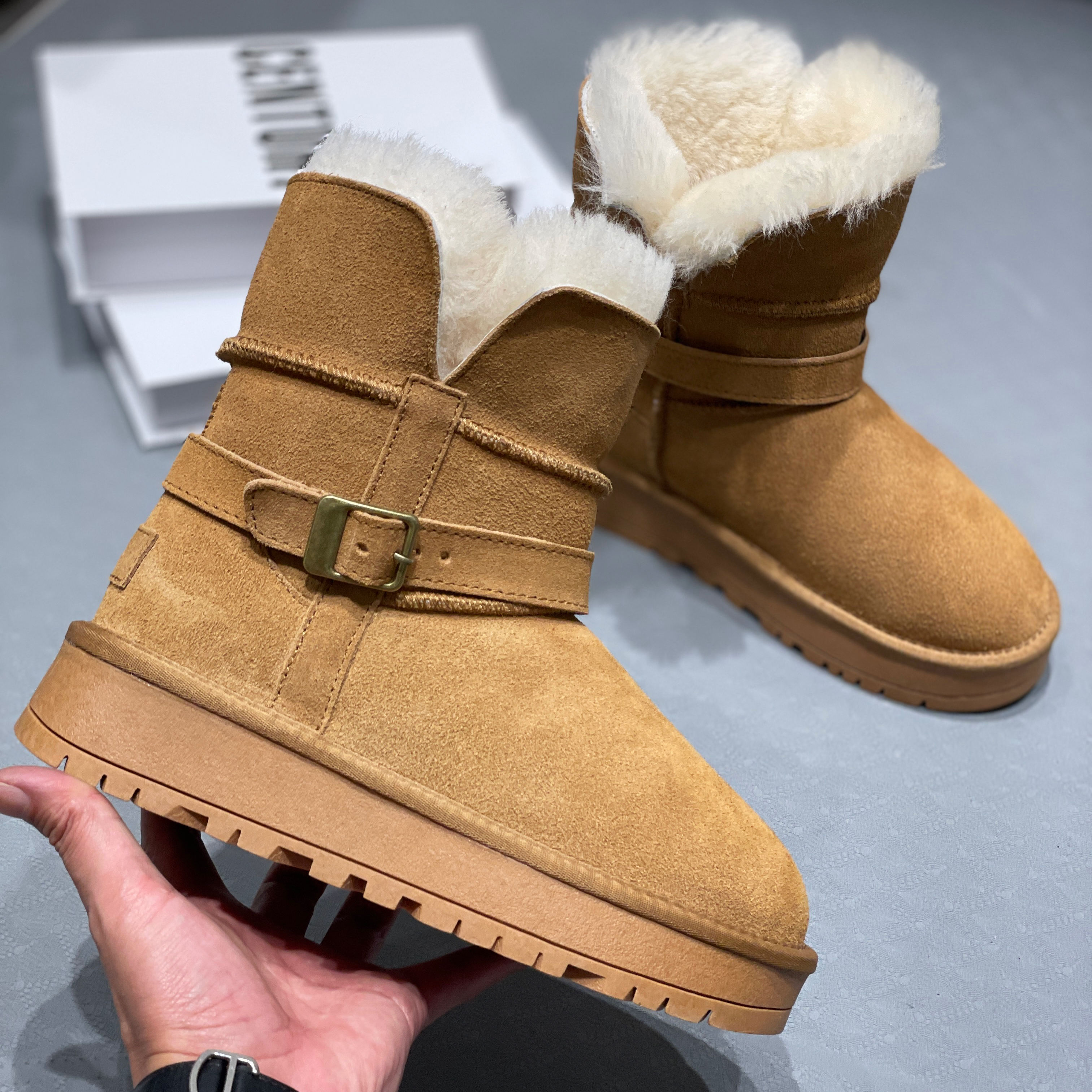 骑士靴皮毛一体雪地靴女2025新真皮羊毛厚底保暖棉鞋皮带扣中筒靴