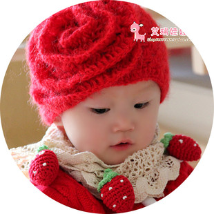 1岁2岁3岁宝宝套头帽儿童毛绒帽子女亲子 新品 婴儿花朵可爱线帽