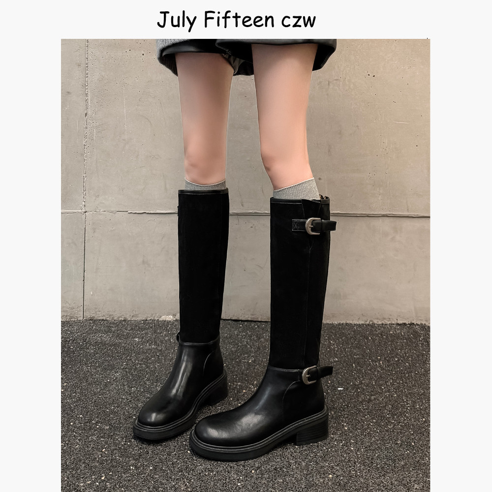 欧美气质显瘦圆头粗跟皮带扣后拉链骑士靴女2025新款不过膝长筒靴
