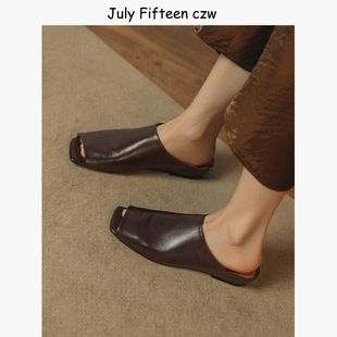 女外穿内增高时尚 简约气质风方头露趾拖鞋 2026新款 头层水洗牛皮