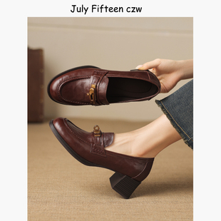 高跟鞋 女粗跟圆头一脚蹬小皮鞋 羊皮英伦风金属扣乐福鞋 2026新款