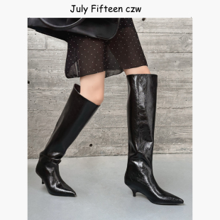 2025新款 尖头5.5cm坡跟显瘦过膝靴女高筒靴长靴骑士靴直筒靴 法式