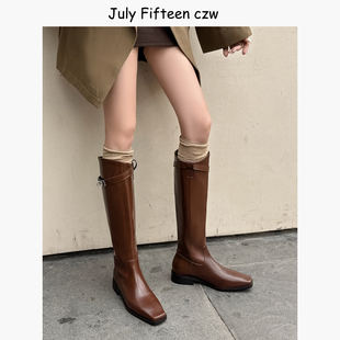 欧美轻奢方头2.5cm低跟锁扣骑士靴女不过膝长靴显瘦高筒靴直筒靴