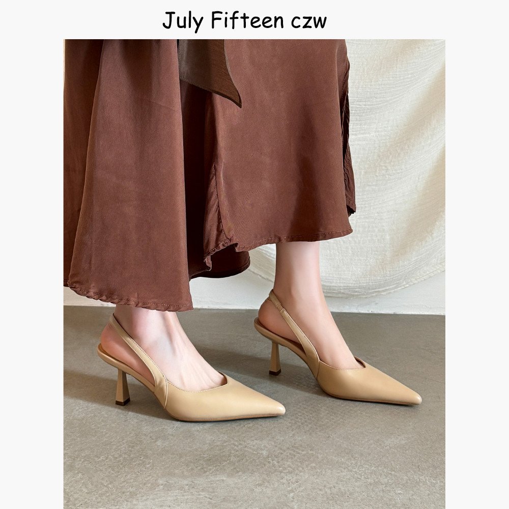 头层牛皮法式气质尖头7cm细跟包头凉鞋女2026春夏新款后空高跟鞋