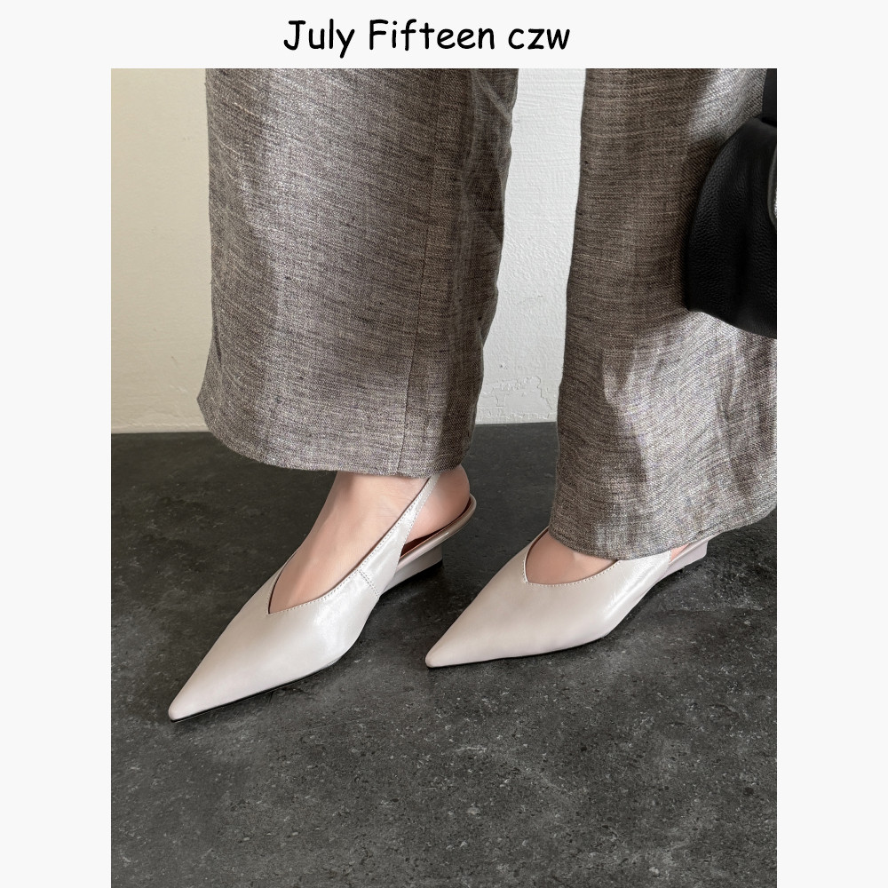 头层牛皮～气质简约包头凉鞋女2026春夏新款尖头4cm坡跟后空单鞋