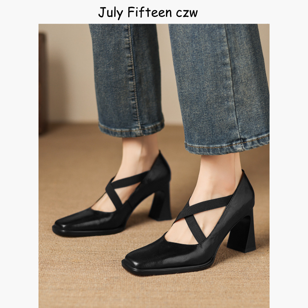 头层羊皮法式玛丽珍鞋女2026新款方头粗跟交叉带气质不累脚高跟鞋