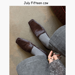 一脚蹬通勤百搭低跟平底鞋 女深口单鞋 复古马毛方头乐福鞋 2026新款