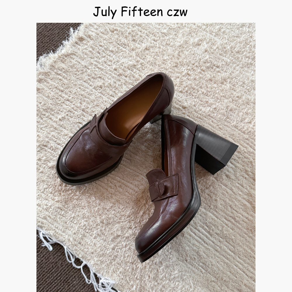 头层牛皮~英伦复古粗高跟乐福鞋