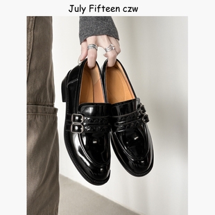 单鞋 女牛皮圆头百搭低跟小皮鞋 英伦复古擦色皮带扣乐福鞋 2026新款