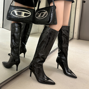 高定版 真皮尖头细跟骑士靴女高跟不过膝长靴高筒靴 2025秋冬新款