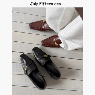 老钱风单鞋 女金属扣一脚蹬小皮鞋 方头粗跟乐福鞋 头层牛皮2026新款