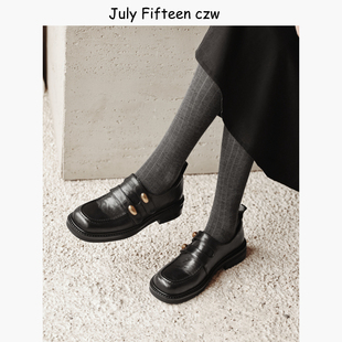 单鞋 百搭小皮鞋 女2026新款 头层羊皮英伦复古方头粗跟金属扣乐福鞋