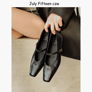 女粗跟方头一字扣带气质浅口单鞋 复古羊皮玛丽珍鞋 法式 2026新款