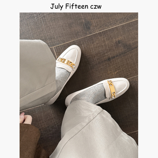 一脚蹬圆头粗跟单鞋 女英伦风小皮鞋 头层牛皮金属扣乐福鞋 2026新款