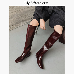 显瘦过膝靴女2025新款 欧美复古方头3cm粗跟长靴女高筒靴骑士靴
