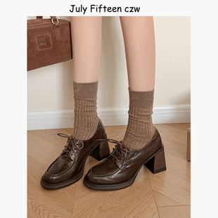 小皮鞋 头层羊皮 高跟单鞋 女202新款 英伦复古风粗跟厚底系带乐福鞋