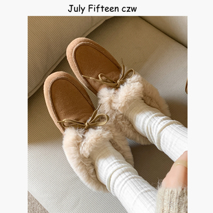 保暖懒人一脚蹬加绒单鞋 牛反绒系带低跟毛毛鞋 女2025秋冬新款