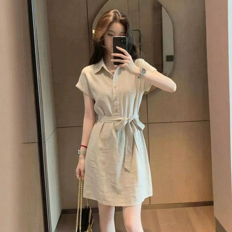 夏季新款韩式休闲风翻领短袖衬衫裙女装收腰A字连衣裙高级感T恤裙