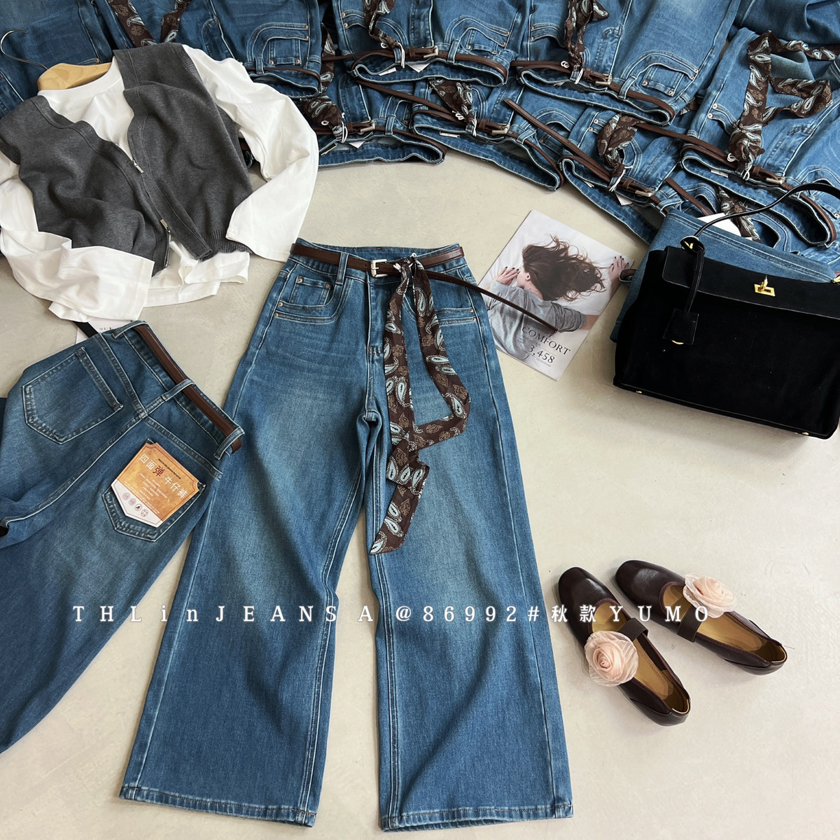 九分筒裤超有设计感牛仔裤(配丝巾腰带)86992图片
