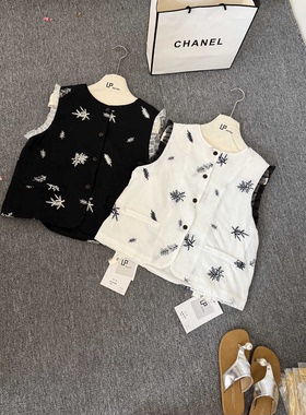 复古撞色木耳边重工刺绣无袖小衫  1208#  LKZ