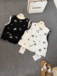 LKZ 1208 复古撞色木耳边重工刺绣无袖 小衫