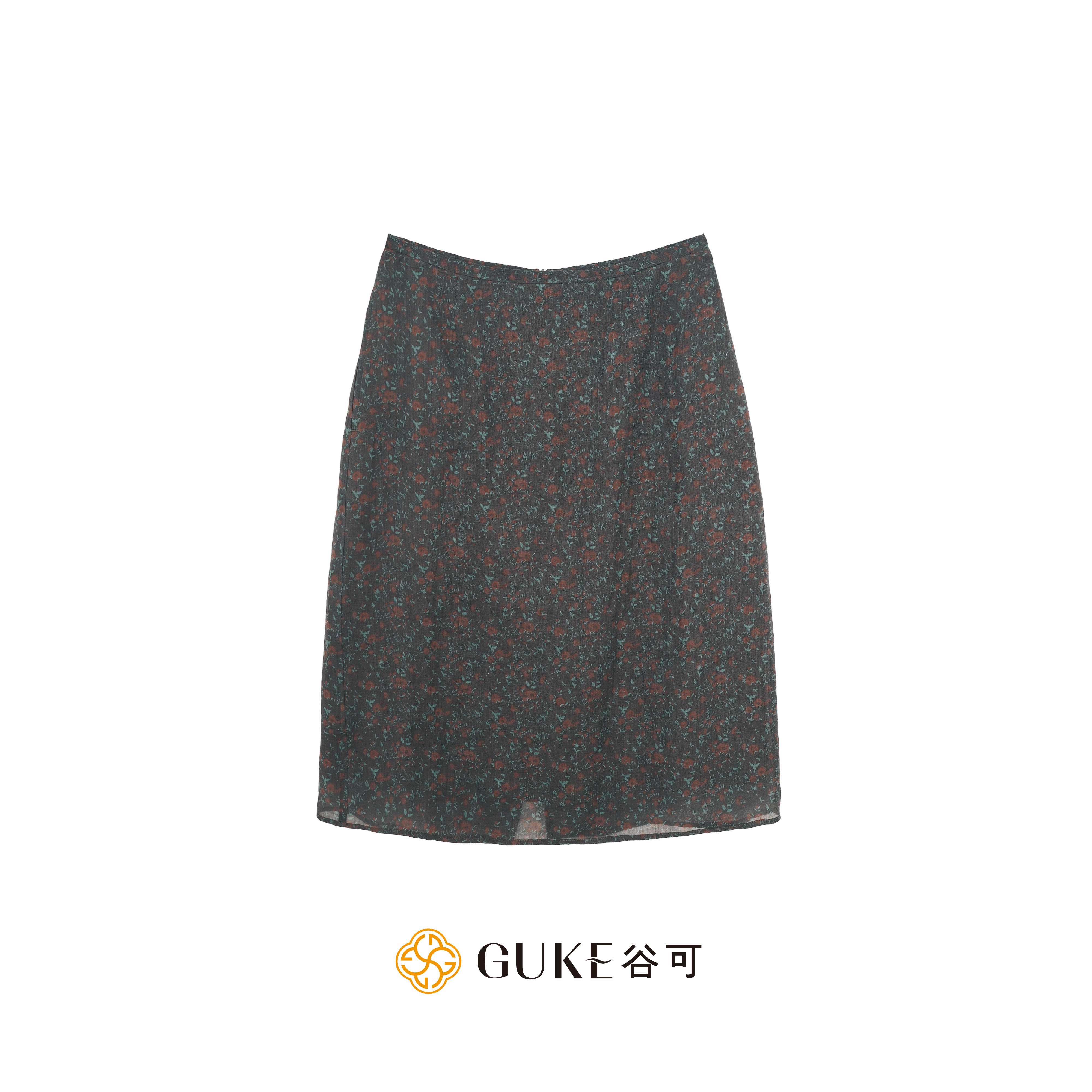 谷可高腰印花苎麻直筒半身裙