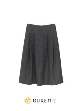 GKE/谷可Q1287通勤简约风高腰A字半身裙女羊毛抽褶中长款休闲裙