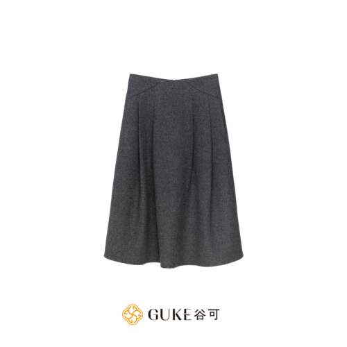 谷可通勤高腰羊毛抽褶A字半身裙