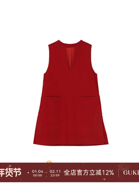 GKE/谷可LQ1262-1绵羊毛红色V领无袖连衣裙女高级感A字背心裙通勤