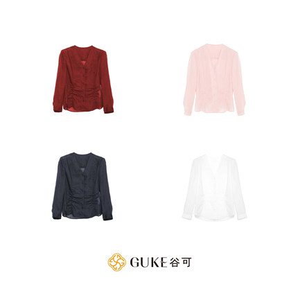GKE/谷可C1293轻熟简约风V领长袖衬衫女修身收腰褶皱苎麻上衣