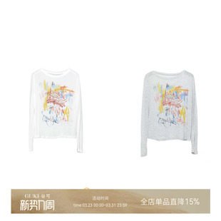 GKE/谷可TC181涂鸦印花长袖T恤女休闲宽松防晒罩衫百搭上衣