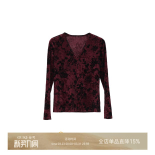 V领印花上衣打底衫 GKE 女修身 衬衫 谷可C1166休闲风酒红色长袖