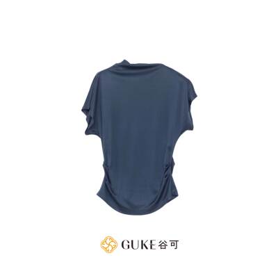 谷可醋酸半高领短袖针织衫女藏蓝