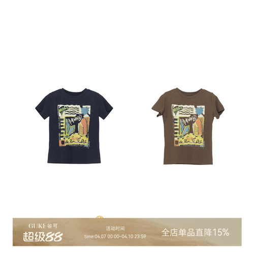 谷可美式复古印花短袖显瘦T恤