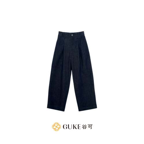 谷可高腰直筒微弹蓝色牛仔裤女