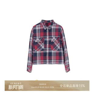 宽松翻领纯棉休闲上衣 女长袖 GKE 谷可C1023复古纯棉格纹衬衫