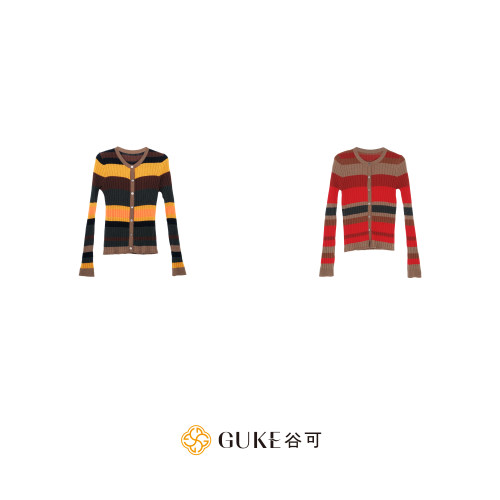 GKE谷可MS6020撞色条纹针织开衫女羊毛混纺圆领修身毛衣百搭上衣