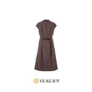 谷可优雅亚麻V领收腰A字连衣裙