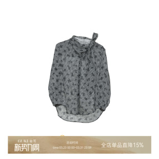 系带韩版 女九分袖 百搭格纹上衣 谷可C1251休闲风苎麻印花衬衫 GKE