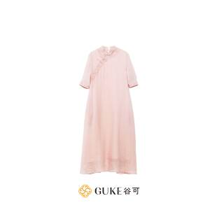GKE 苎麻刺绣衬衫 女短袖 直筒浅粉色亲肤透气上衣 谷可LQ1272中式
