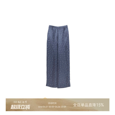 谷可夏季高腰波点藏蓝阔腿裤