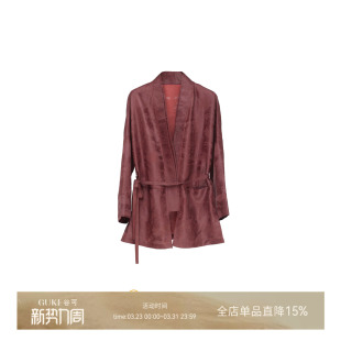 上衣 外套女酒红色系带收腰中式 GKE 谷可S1185原创设计真丝V领长袖